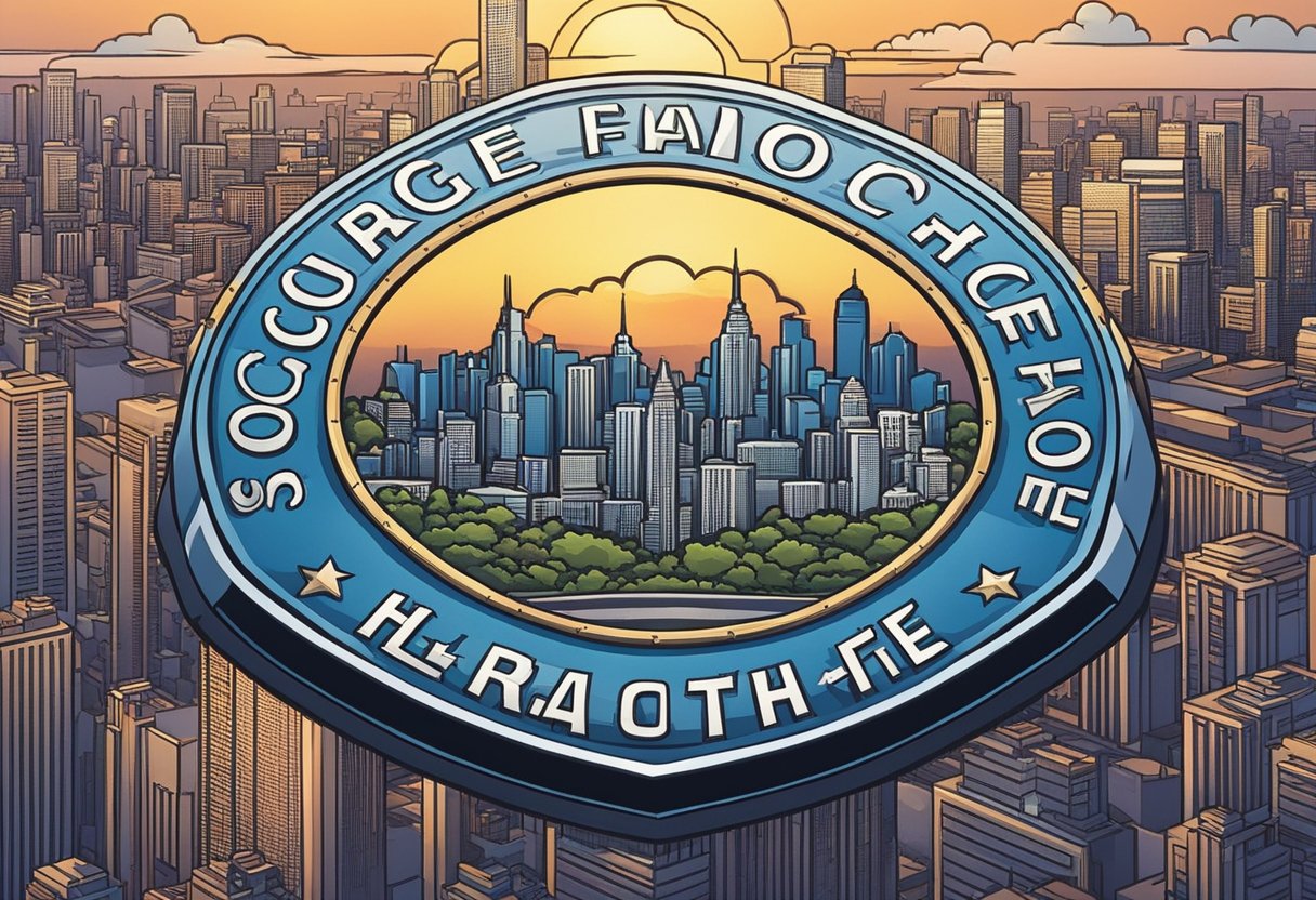 A police badge with the words "Courage, Honor, Sacrifice" engraved on it, surrounded by a backdrop of a city skyline at sunset