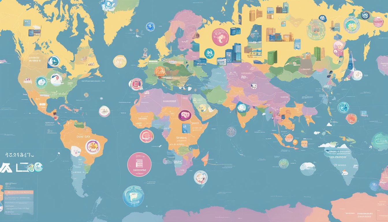 A table with various global sex doll company logos, and a world map with highlighted regions for potential collaborations and partnerships