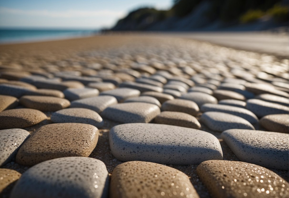 A coastal scene with pavers being tested with saltwater and sand, showing durability and resistance to coastal elements