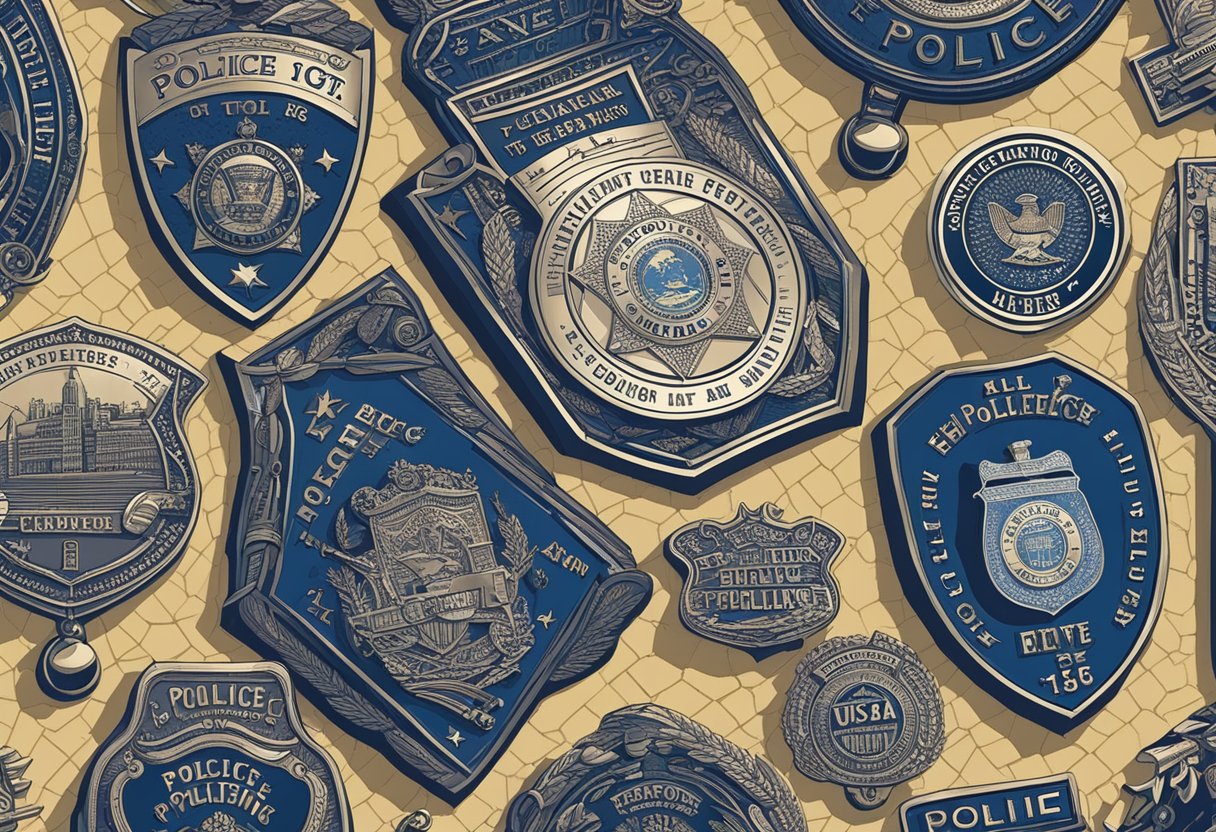 A police badge surrounded by historical quotes on policing, with a vintage backdrop of old police uniforms and equipment