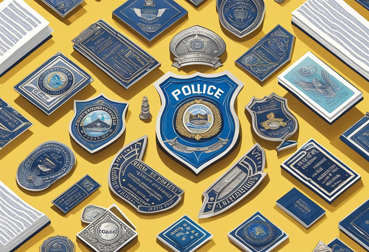 A police badge surrounded by a collection of motivational quotes, arranged in a neat and organized manner, with a sense of strength and determination emanating from the words