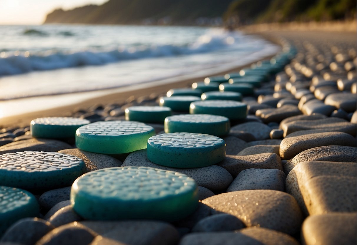 Pavers sit along a coastal pathway, shielded from saltwater and sand by a clear protective barrier. The waves crash against the shore, while the pavers remain untouched and protected