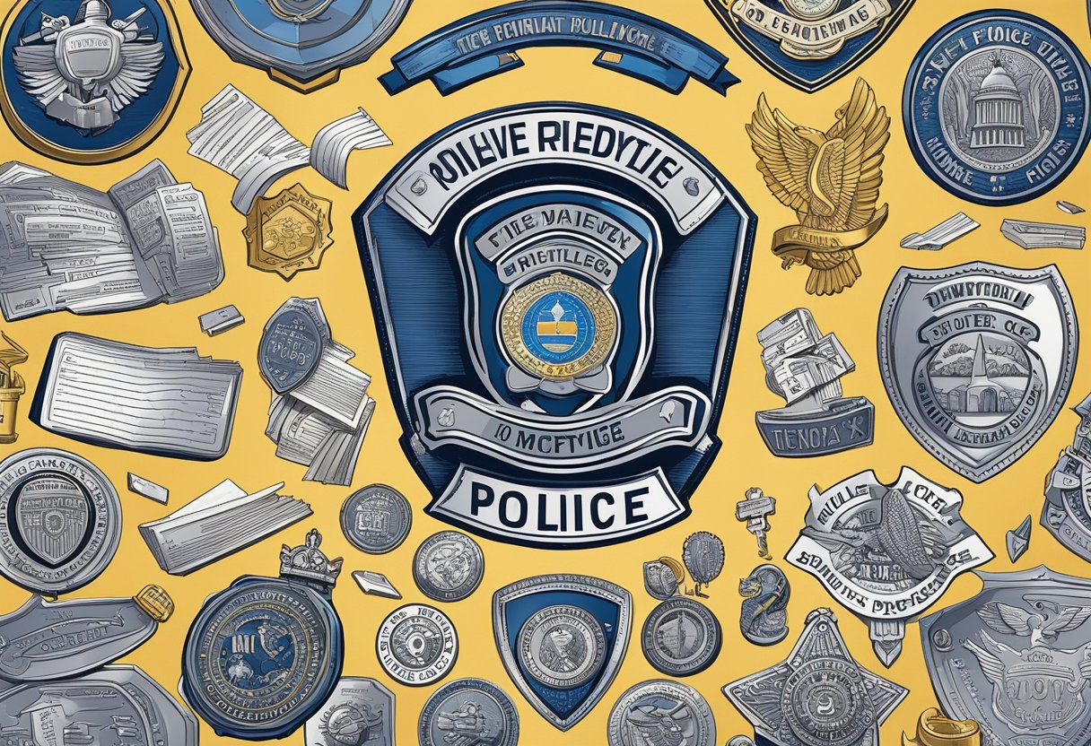 A police badge surrounded by a collection of motivational quotes, arranged in a neat and organized manner