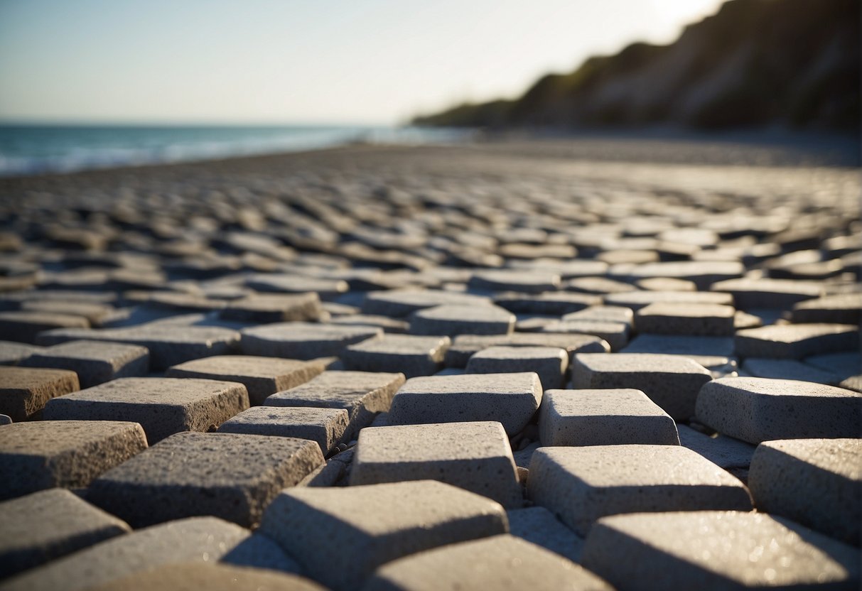 Pavers sit along the coast, exposed to saltwater and sand. They are weathered but maintained, with proper care and protection