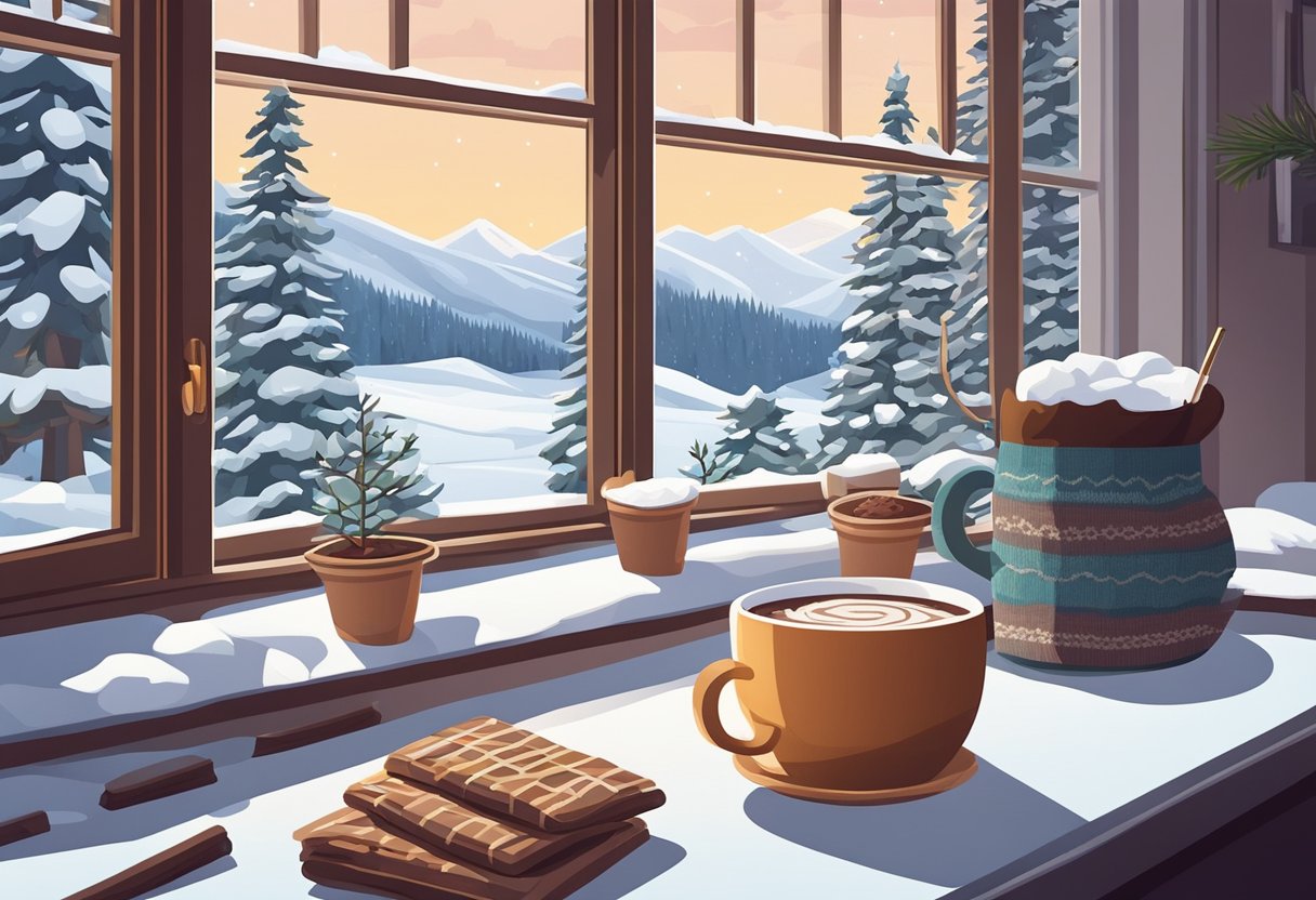 A cozy winter scene with a cup of hot cocoa, a crackling fireplace, and a snowy landscape outside a window
