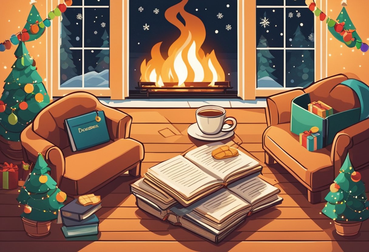 A cozy December scene with a stack of books, a warm cup of tea, and a crackling fireplace, surrounded by twinkling holiday lights and a calendar showing the month of December