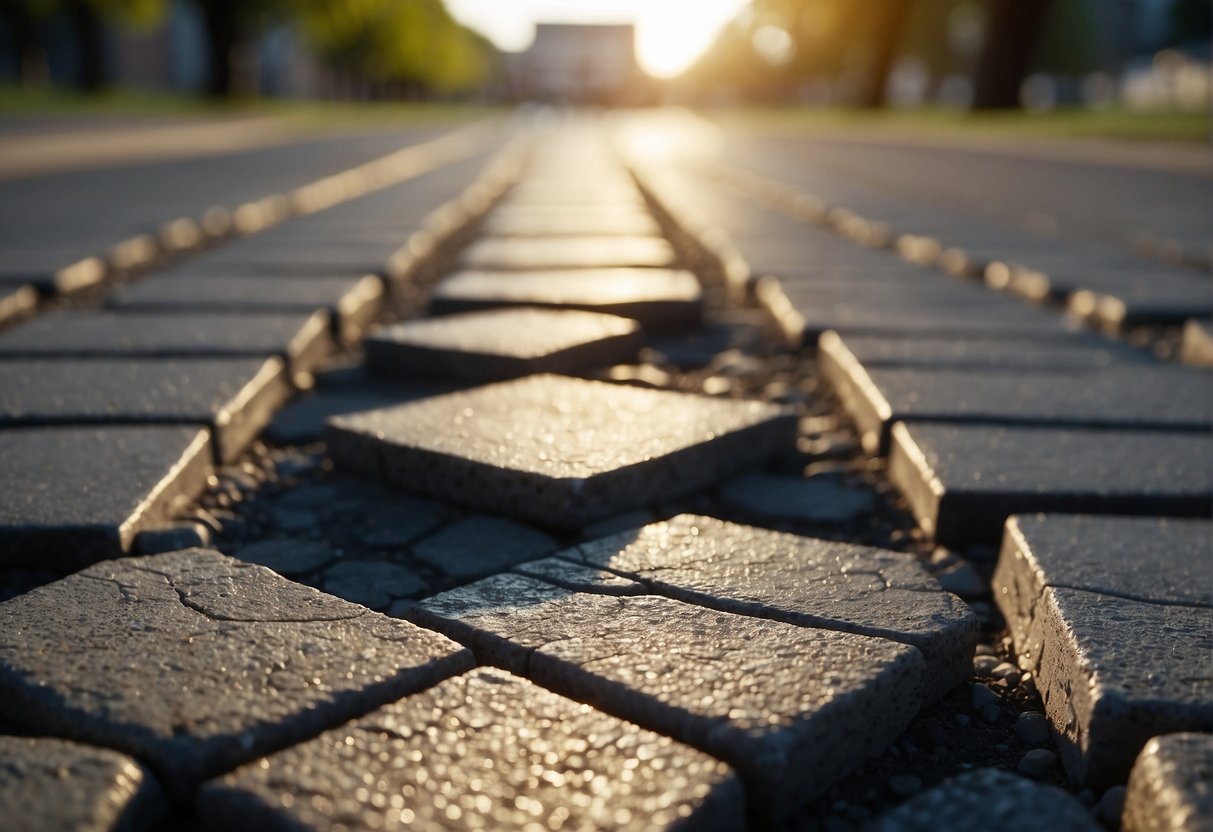 Pavement cracking under extreme temperature changes. Different paver materials tested. Illustrate varying levels of damage