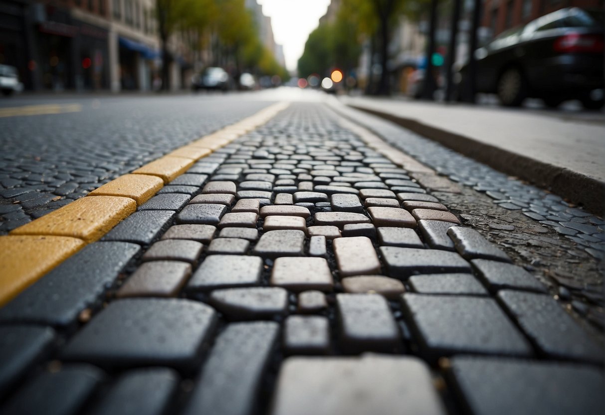 A city street with various pavement materials, showing temperature fluctuations affecting paver selection