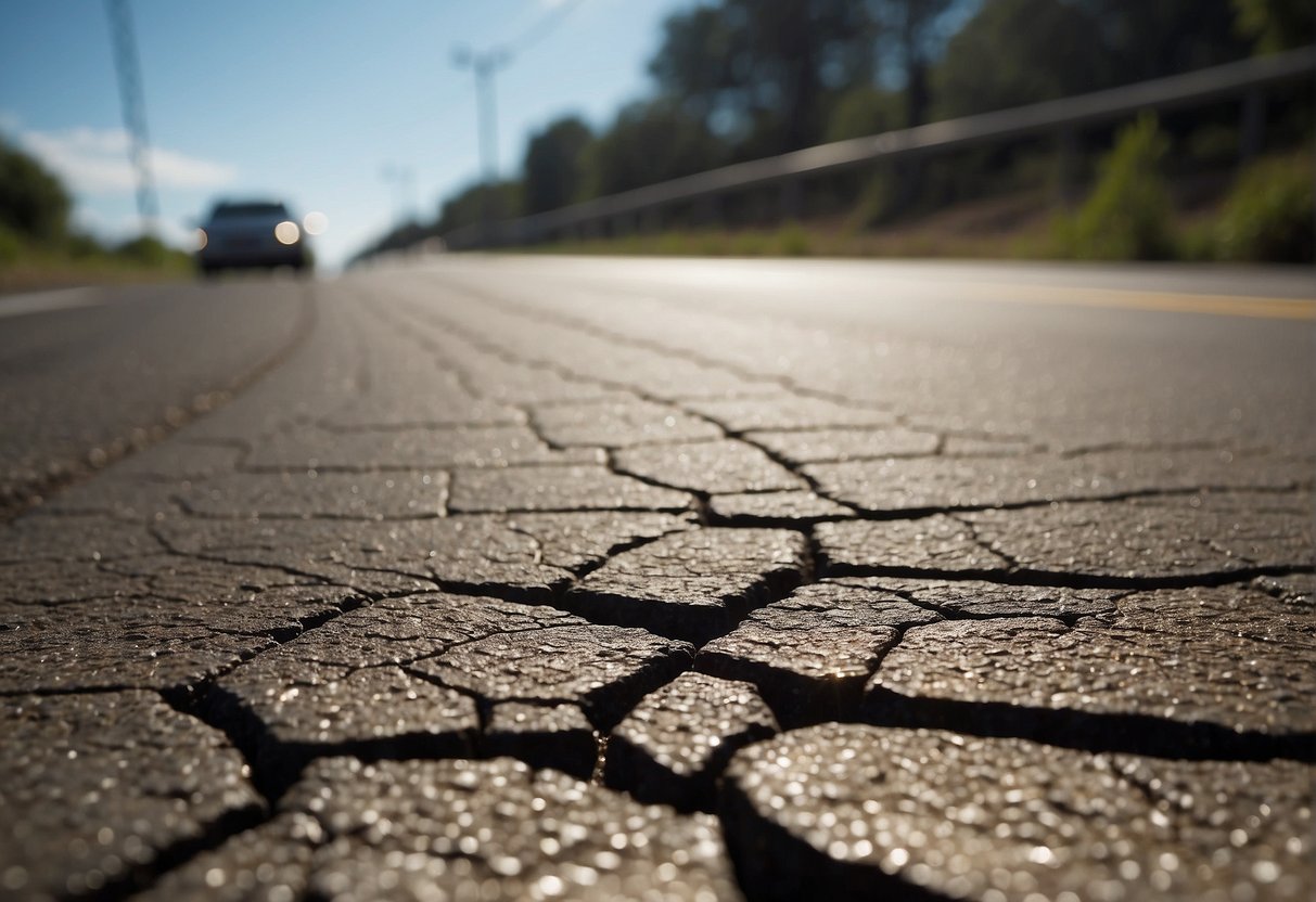 A road surface cracks under extreme heat, illustrating the impact of temperature fluctuations on pavement performance