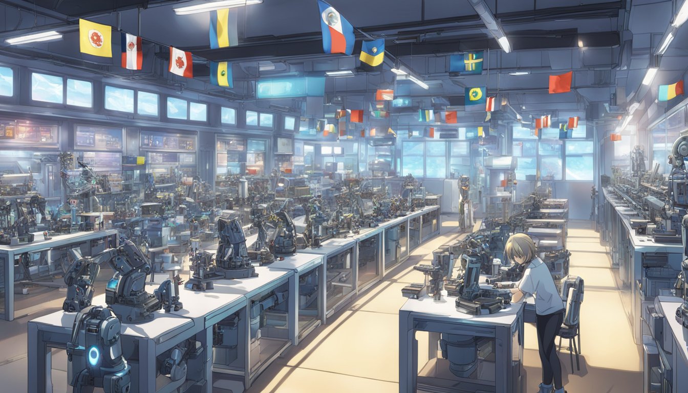 A futuristic sex doll factory with robotic arms assembling advanced models. Various global flags and symbols representing different regions hang on the walls