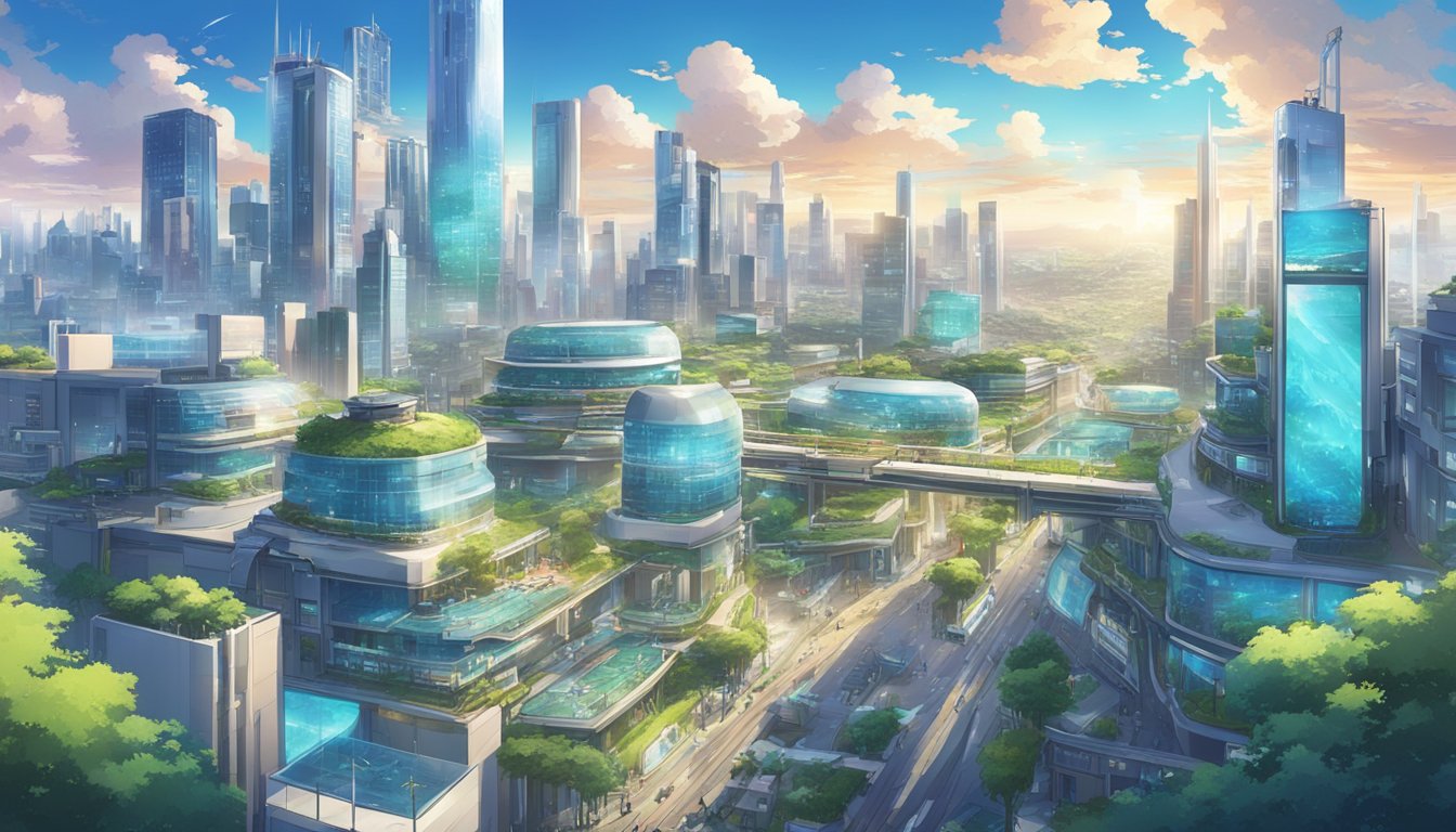 Various regions embracing new tech: cityscapes with modern buildings, people using advanced gadgets, and diverse landscapes with renewable energy installations