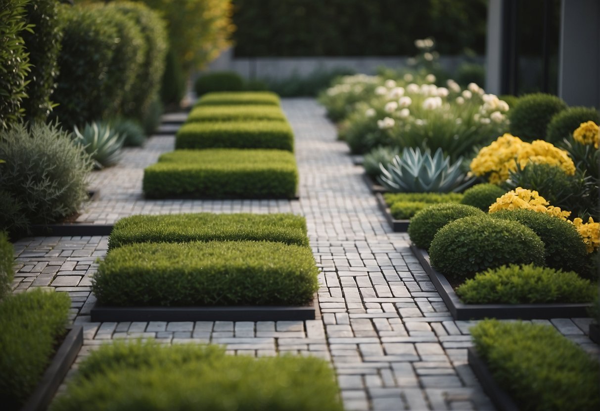 A sleek, minimalist garden with geometric pavers surrounded by carefully curated plantings and clean lines