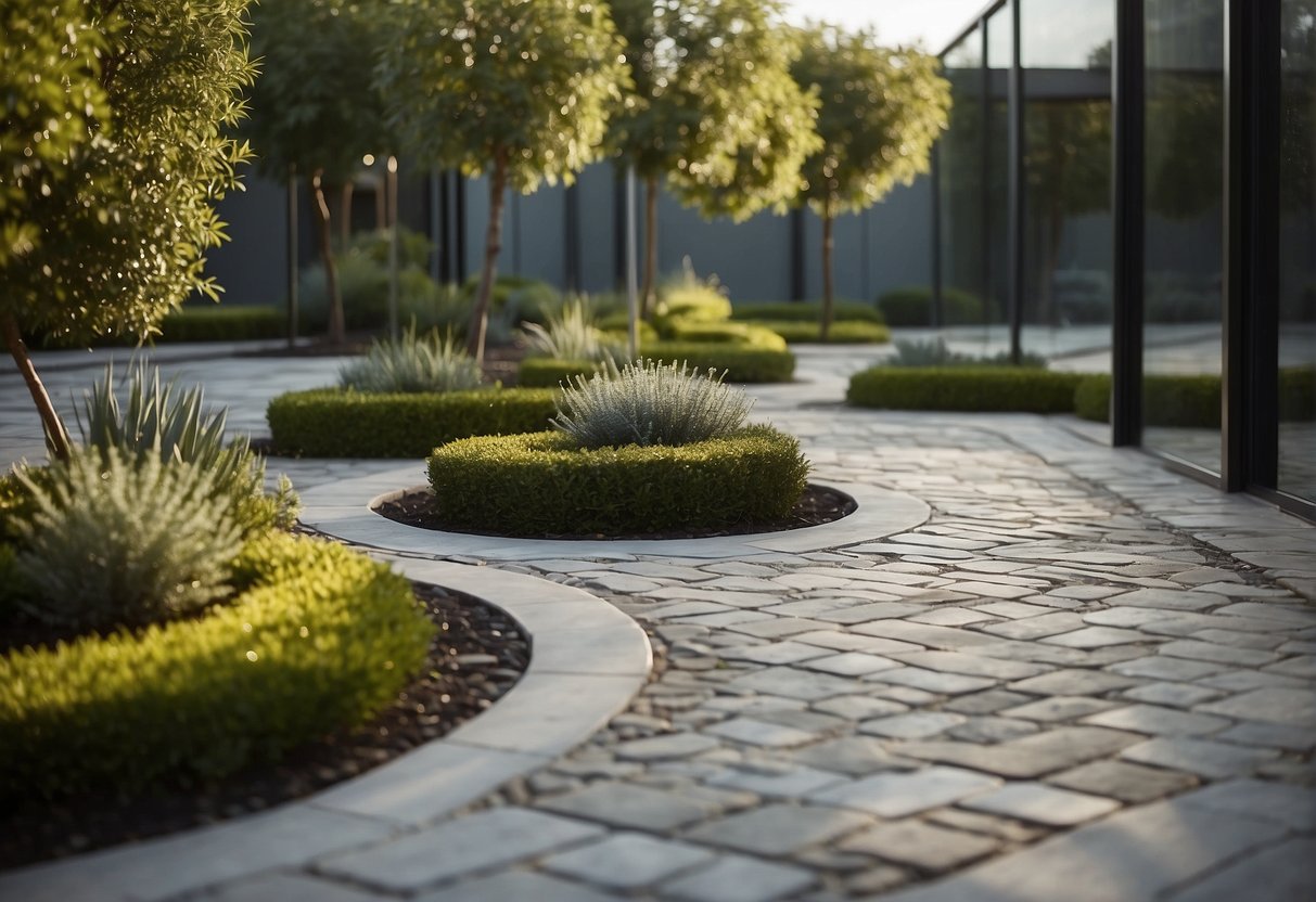 A modern landscape with sleek pavers arranged in geometric patterns, surrounded by minimalist plantings and clean lines
