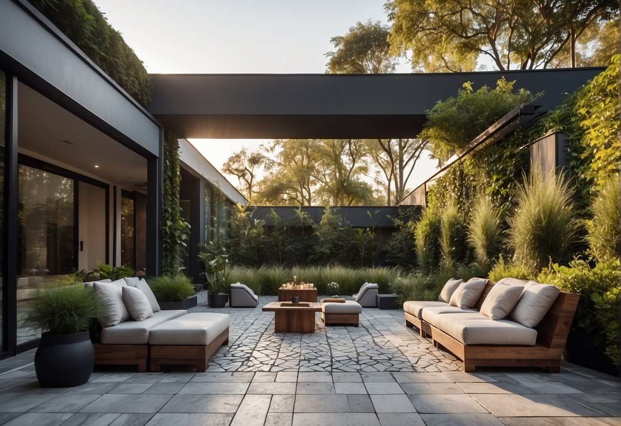 A modern outdoor space with pavers arranged in geometric patterns, surrounded by lush greenery and contemporary furniture