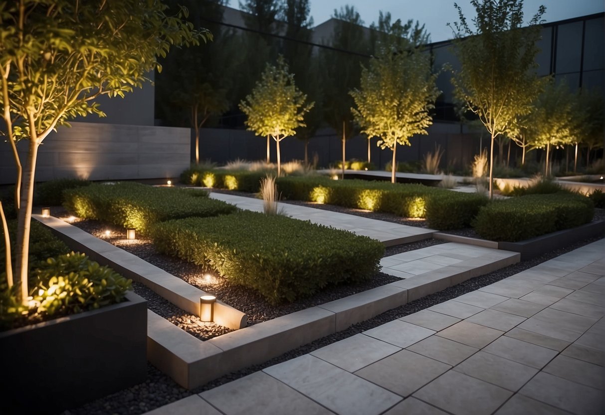 A contemporary outdoor space with sleek paver pathways, geometric planters, and minimalist seating areas. Clean lines and subtle lighting create a modern landscape design