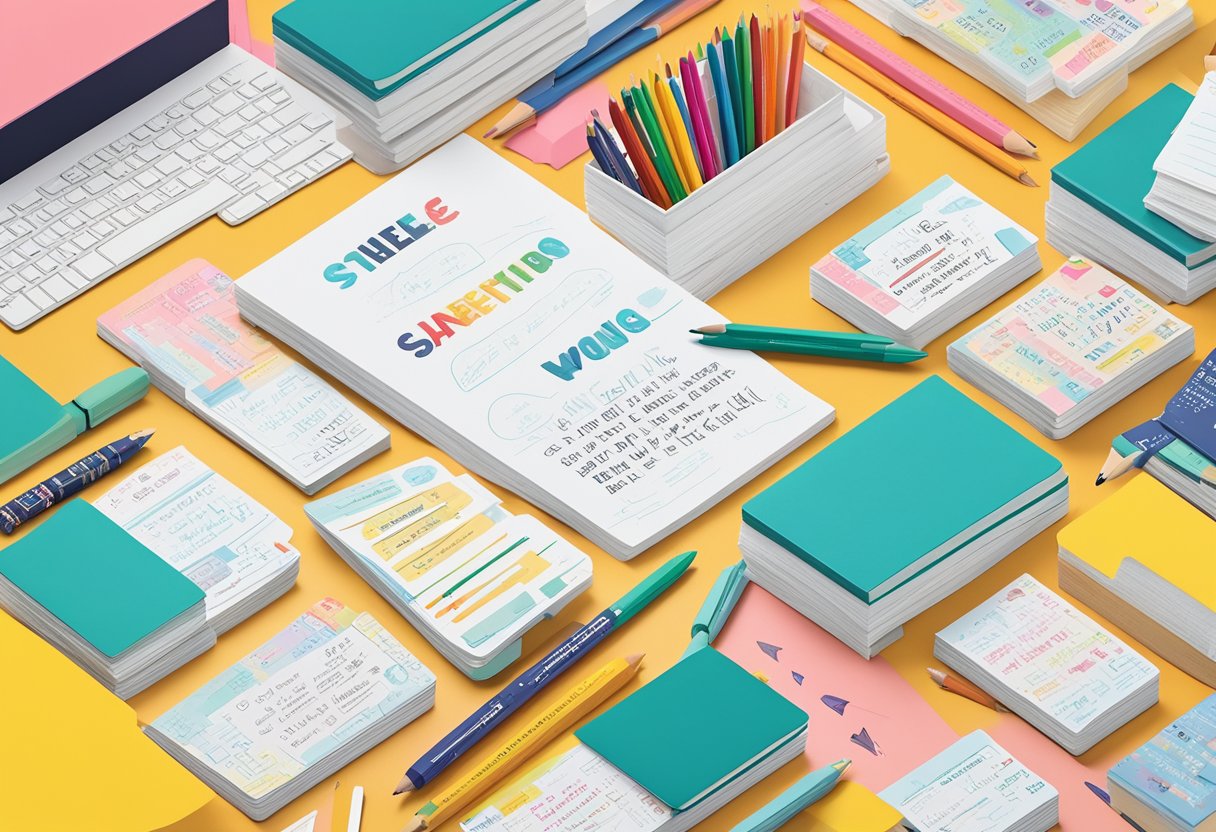 A stack of quote cards with inspiring messages arranged on a desk, surrounded by colorful pens and pencils