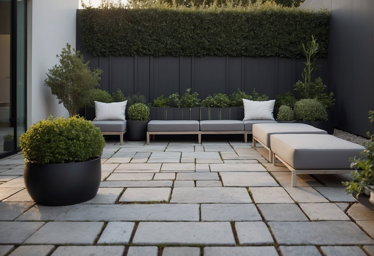 A modern outdoor space with sleek pavers leading to a minimalist seating area surrounded by geometric planters and clean lines