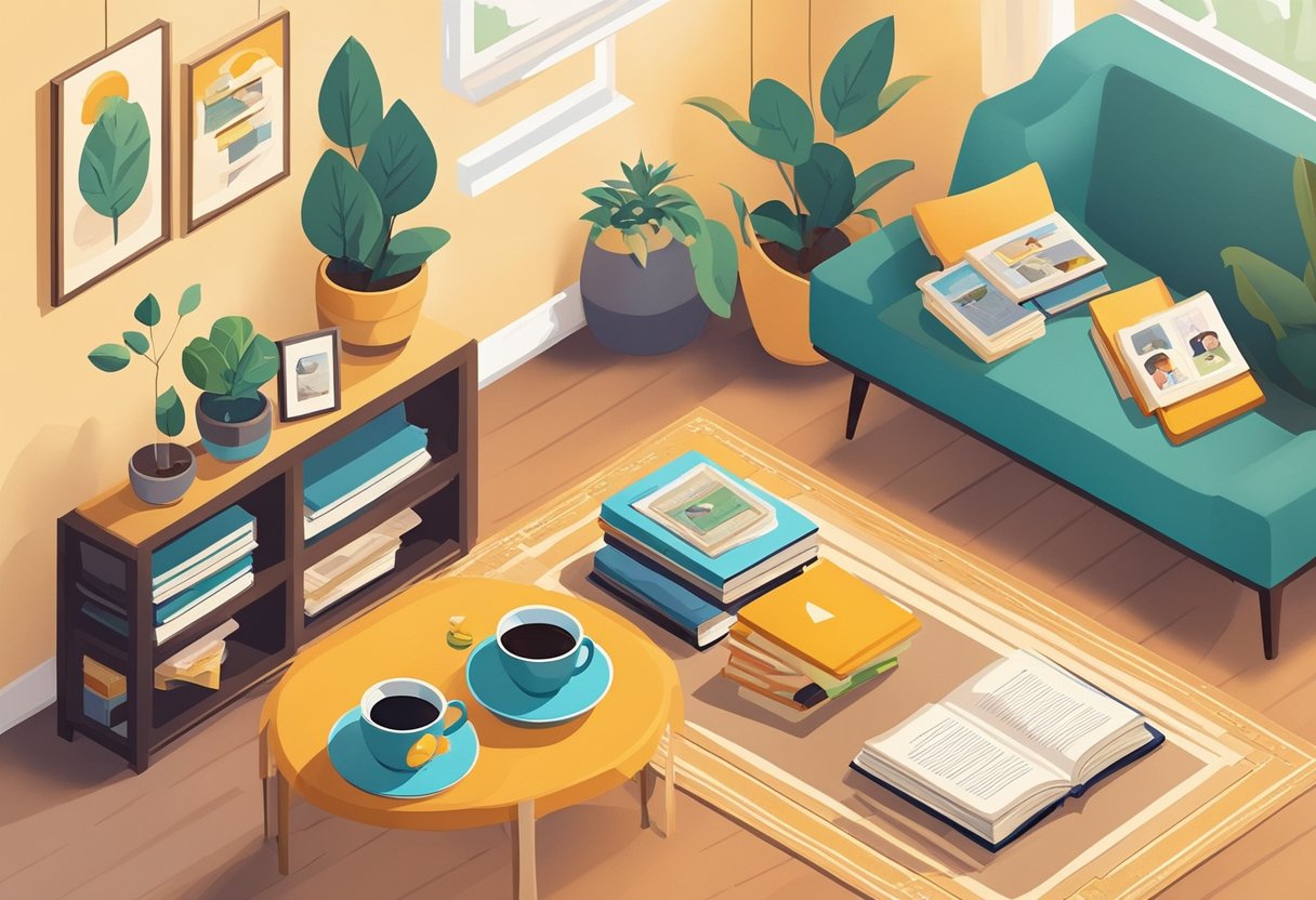 A cozy living room with a shelf of family photos and a stack of parenting books. A warm cup of tea sits on a table next to a framed quote list of motivational parents quotes