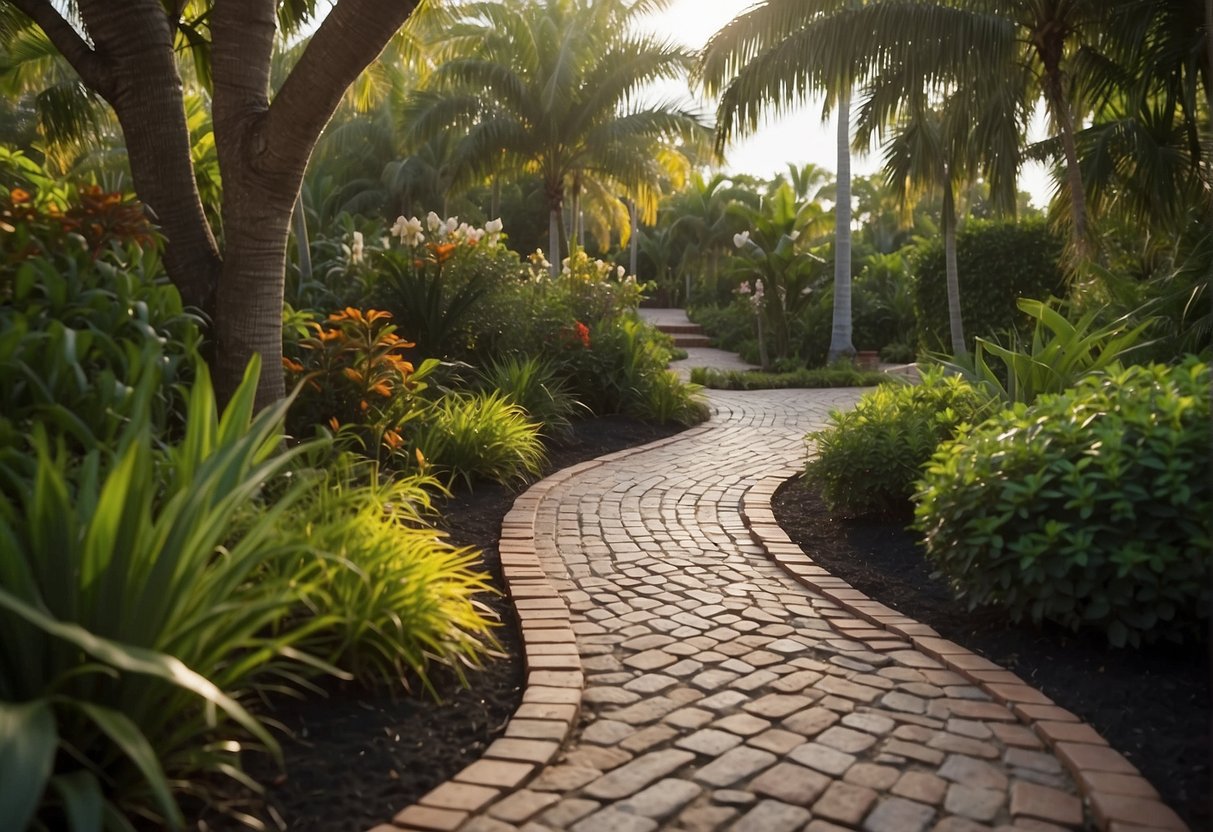 A traditional brick paver pathway winding through a lush Fort Myers garden, contrasting with a sleek contemporary paver patio