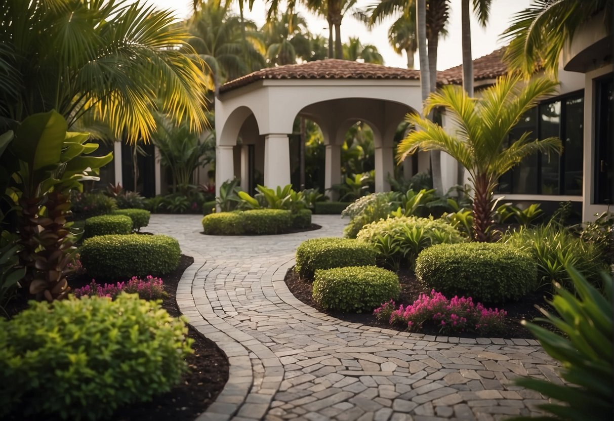 A traditional paver pathway winding through a lush Fort Myers garden, contrasting with a sleek, contemporary patio area featuring geometric patterns and clean lines