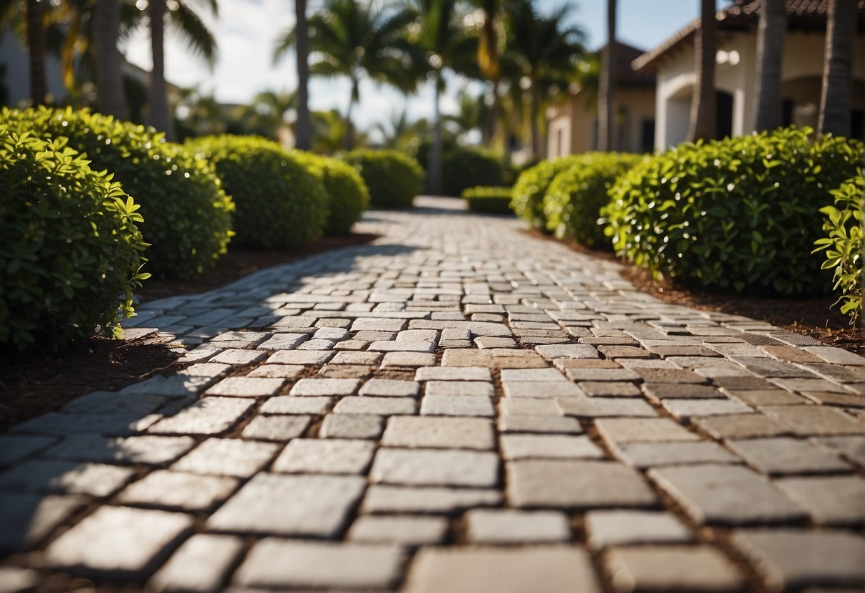 A traditional paver pathway winds through a lush Fort Myers landscape, contrasting with a contemporary geometric patio. Both styles showcase the beauty of well-maintained pavers