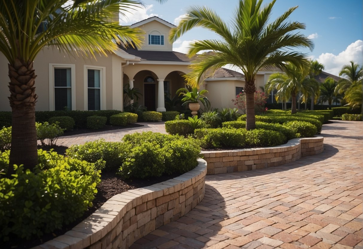 A lush Fort Myers landscape with specialty pavers, showcasing traditional and contemporary styles in a harmonious blend. Rich colors and textures create a visually stunning outdoor space