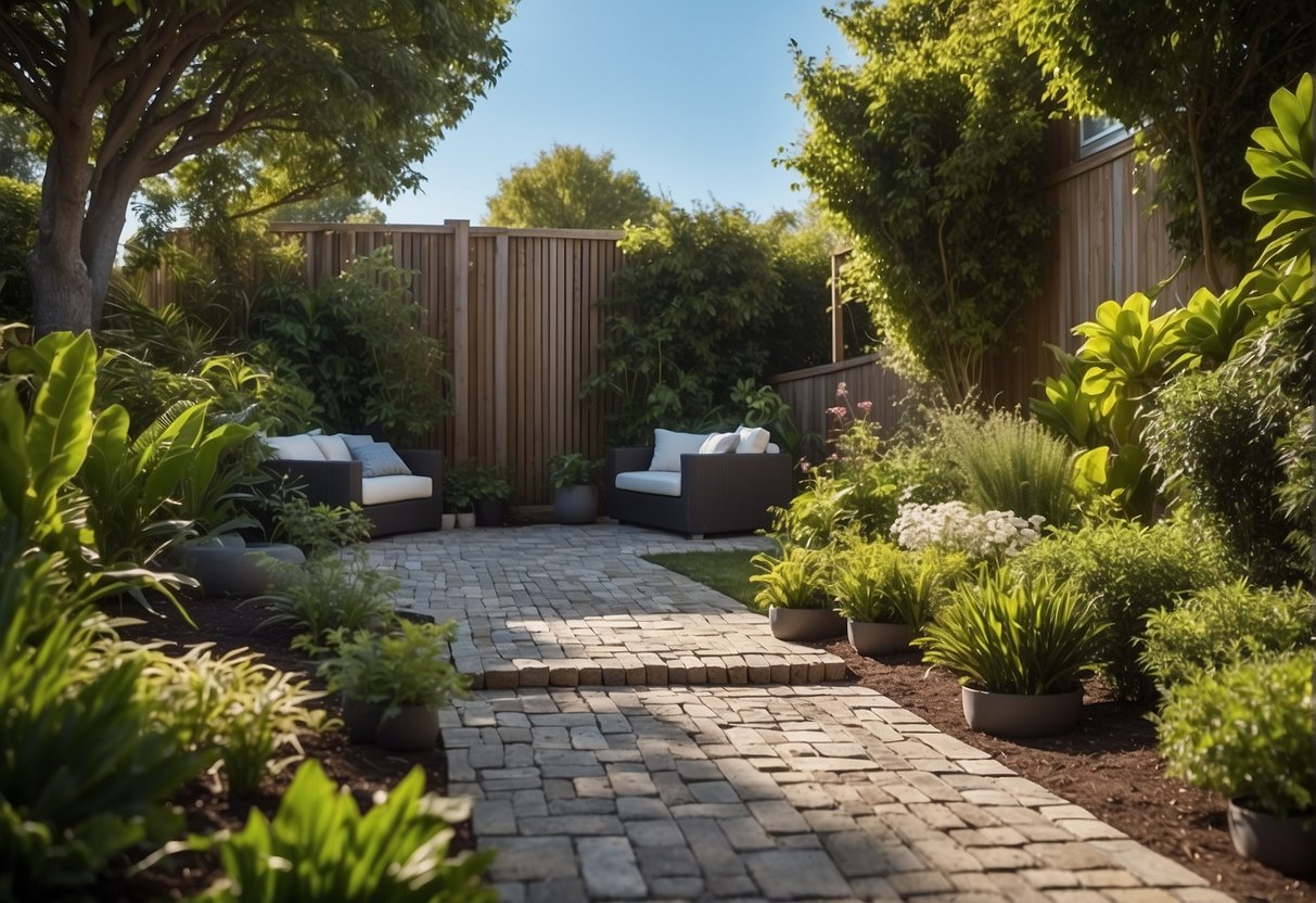 A backyard with a mix of traditional and contemporary paver styles, surrounded by lush greenery and complemented by a clear blue sky