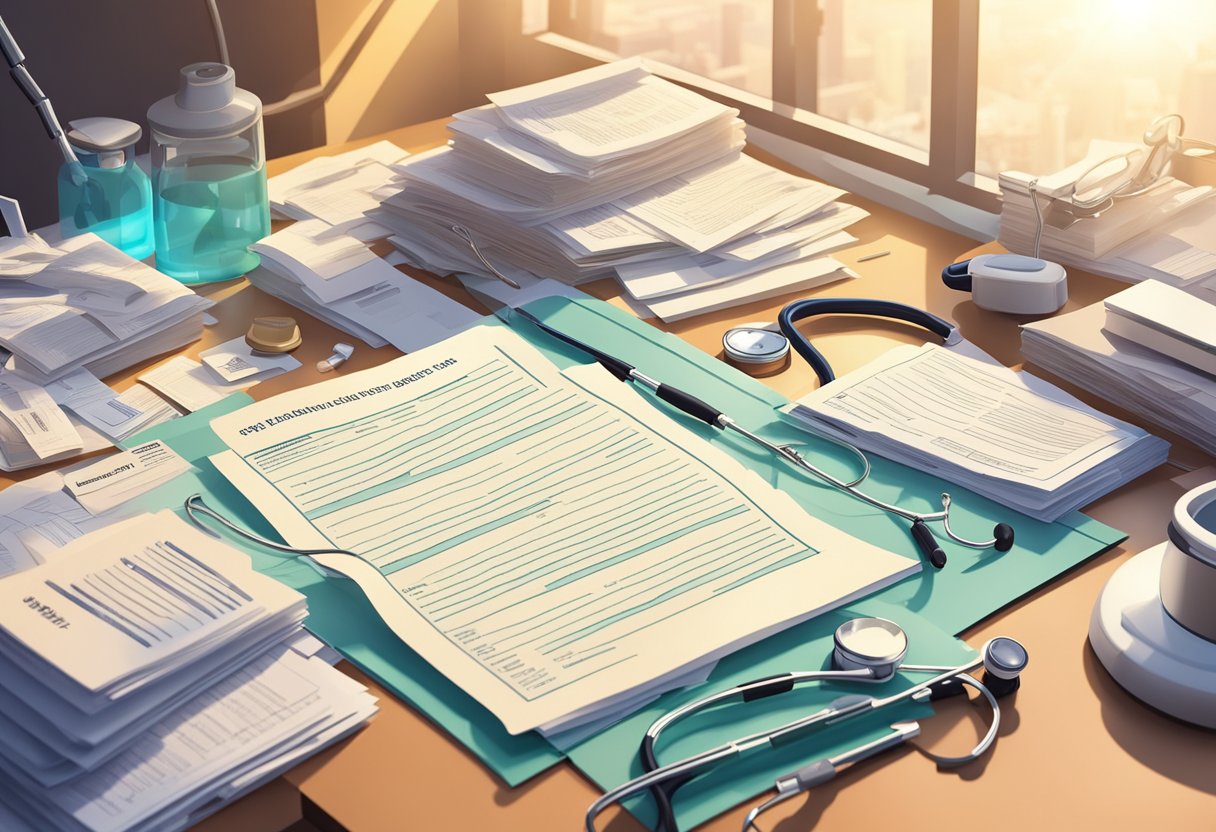 A stack of papers with healthcare quotes scattered on a desk, surrounded by medical equipment and a stethoscope. Sunlight streams through a window, casting a warm glow on the quotes