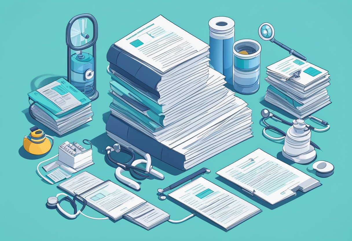 A stack of papers with healthcare quotes, surrounded by medical equipment and a stethoscope