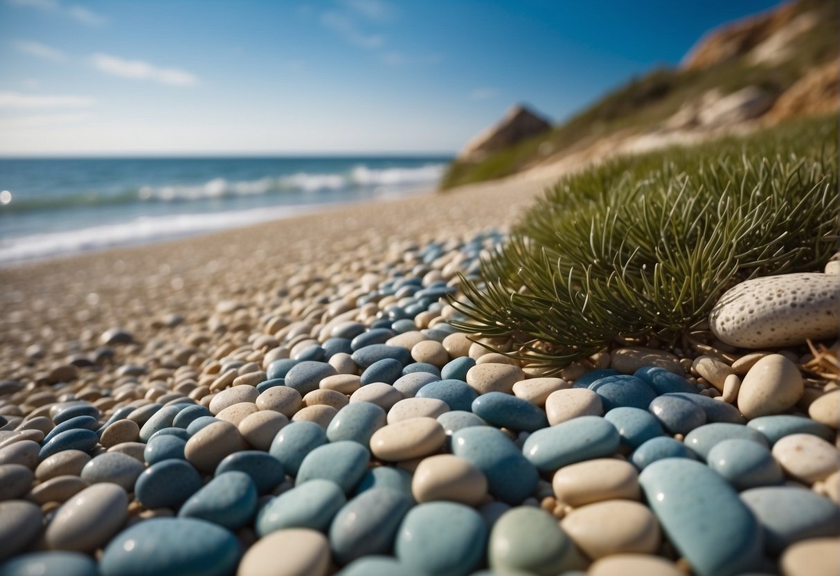 A coastal landscape with a variety of paver colors blending seamlessly with the natural surroundings, including sandy tones, cool blues, and hints of green