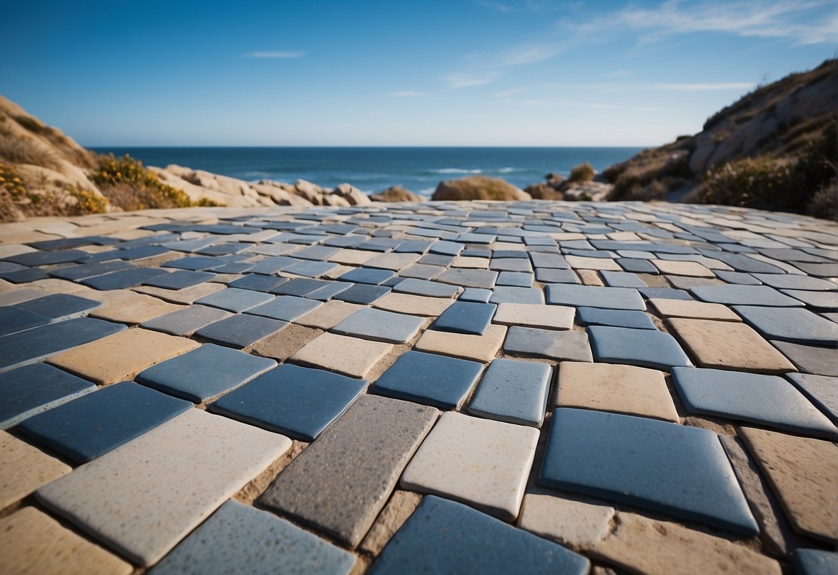 A coastal landscape with pavers in varying shades of blue, gray, and sandy tones. The pavers are arranged in a pattern that complements the natural surroundings, with a mix of smooth and textured surfaces for both aesthetic appeal and practical use