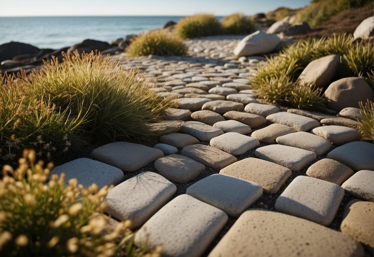 A coastal landscape with various paver colors blending seamlessly into the natural surroundings, creating a harmonious and inviting outdoor space