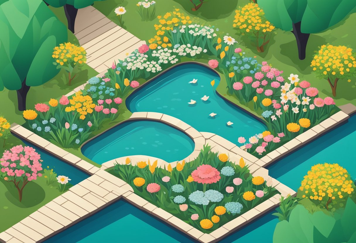 A tranquil garden with blooming flowers and a peaceful pond, surrounded by inspirational quotes on colorful banners