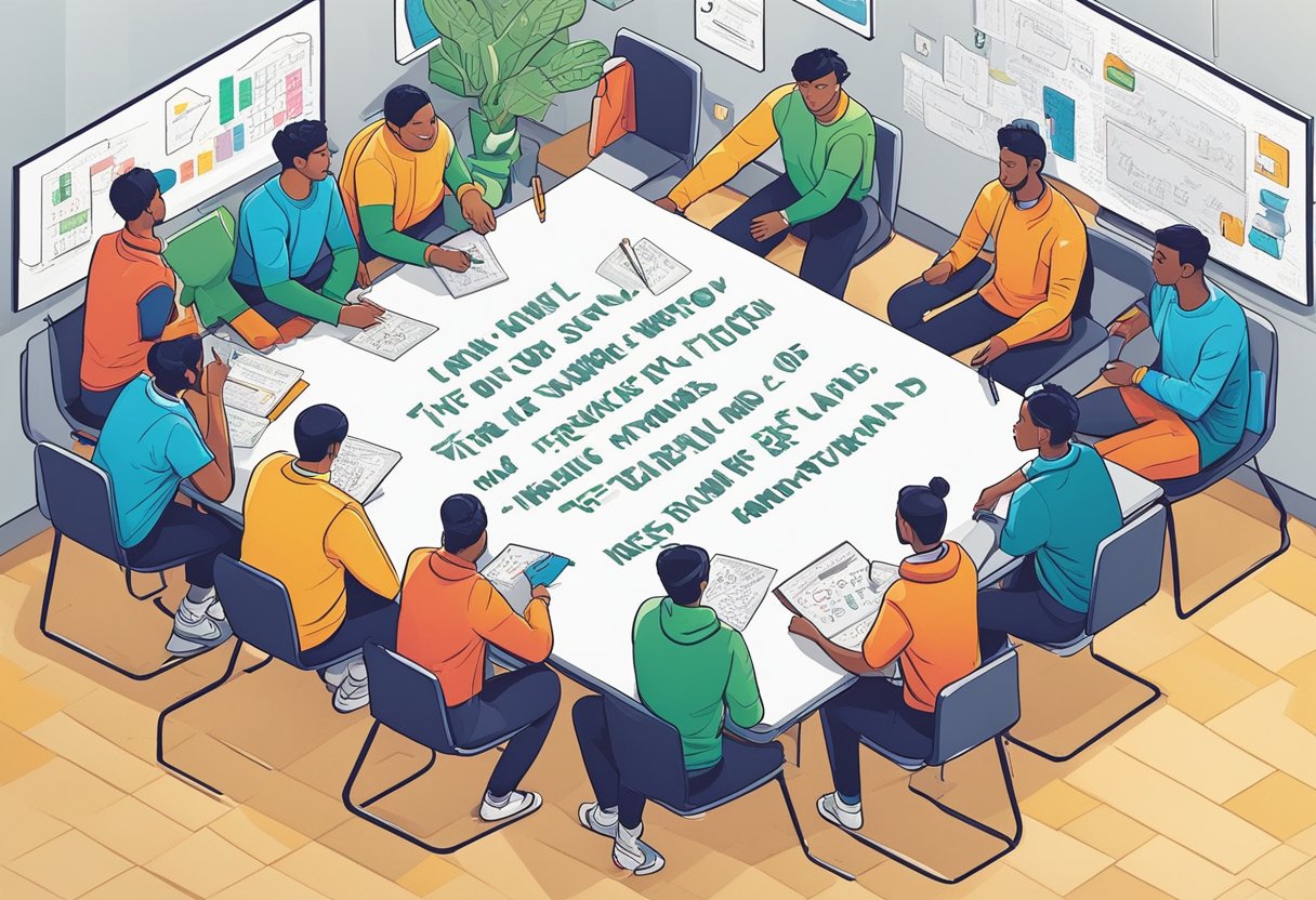 Players gather around a whiteboard with bold, inspiring quotes written in colorful markers. The room is filled with anticipation and determination