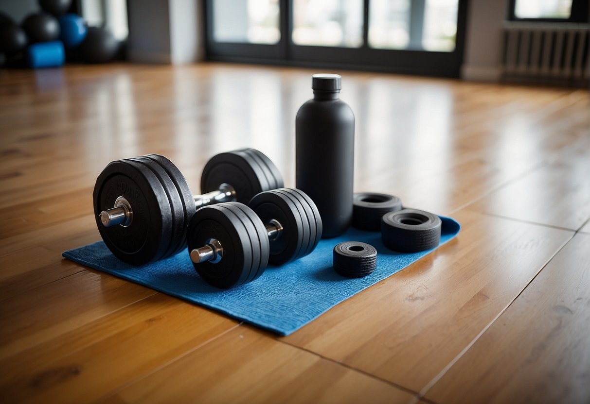 A set of dumbbells on the floor next to a yoga mat, with a water bottle and towel nearby. A resistance band is looped around a chair, ready for use