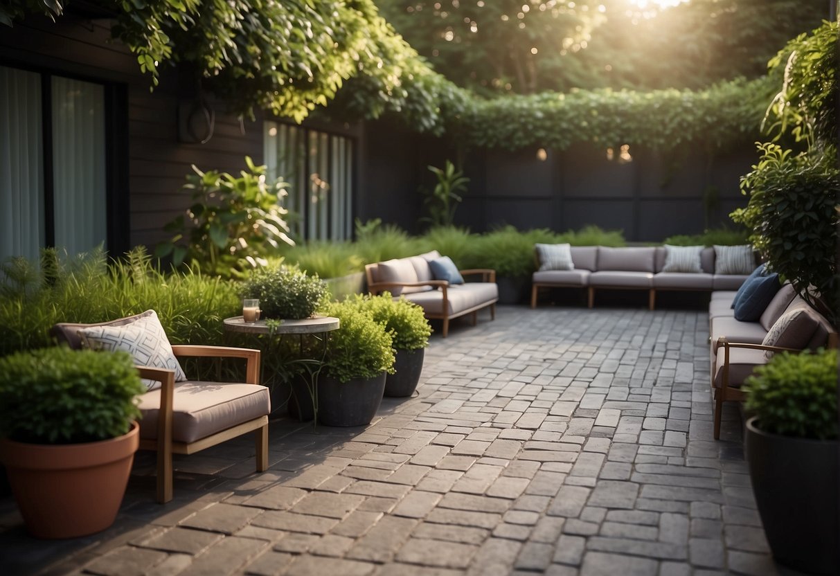A patio adorned with interlocking paver patterns, surrounded by lush greenery and a cozy seating area