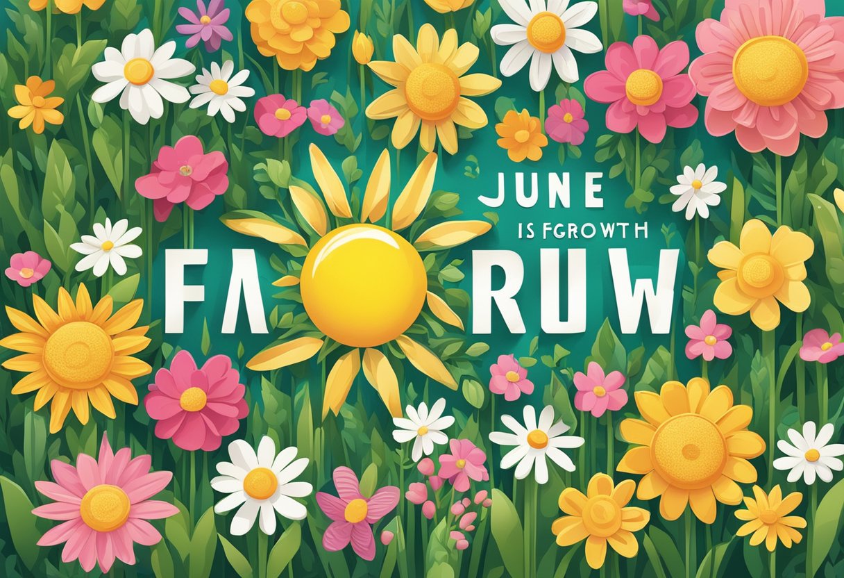 A bright sun shining over a field of blooming flowers with the words "June is for growth and new beginnings" written in bold, vibrant letters
