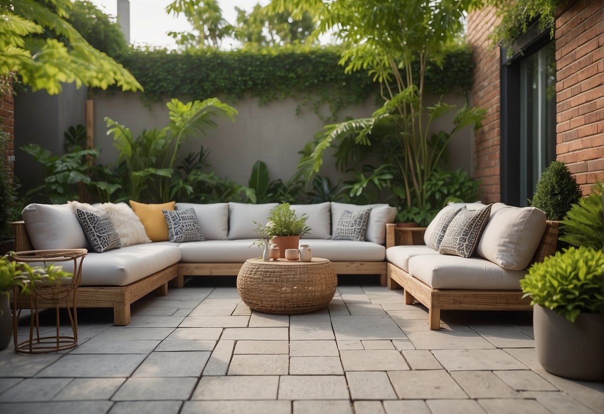 A spacious outdoor patio with intricate paver patterns, surrounded by lush greenery and comfortable furniture, creating a harmonious blend of elegance and functionality