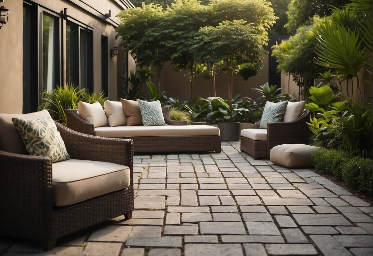 An outdoor patio with intricate paver patterns, surrounded by lush greenery and modern furniture, creating a welcoming and stylish outdoor living space