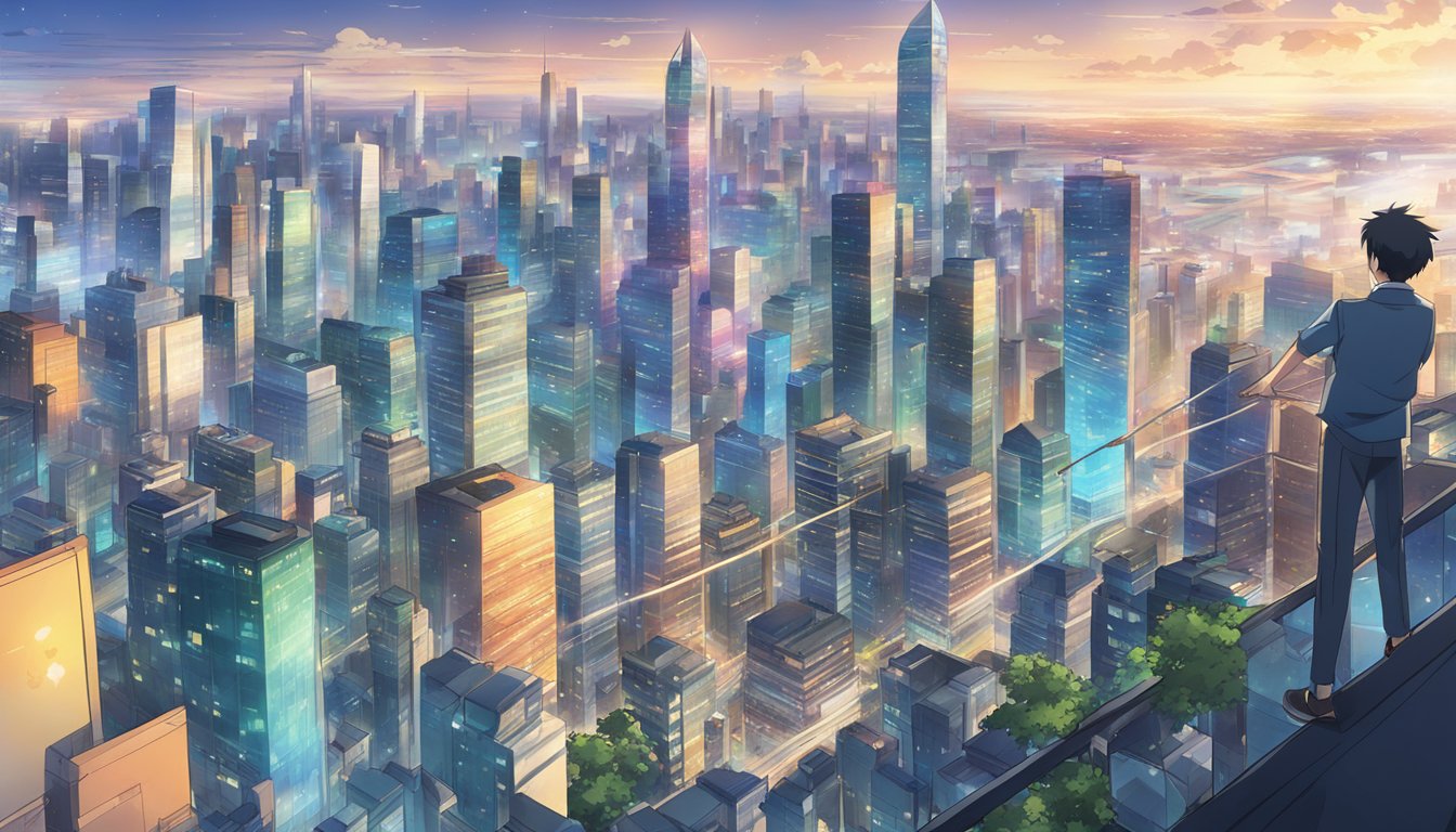 The bustling city skyline with graphs and charts overlaying the horizon, depicting the economic and policy impact on market dynamics and future growth predictions