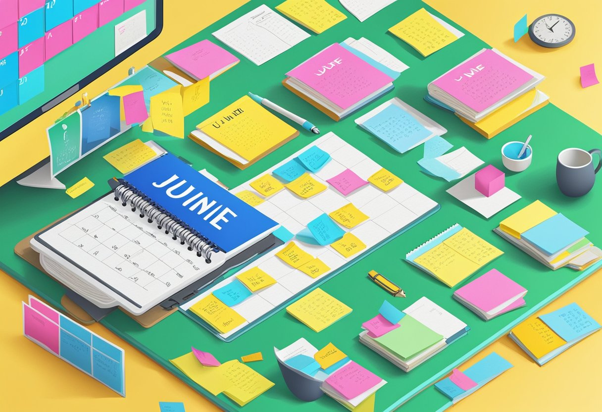 A desk with a calendar open to the month of June, surrounded by motivational quotes written on colorful sticky notes