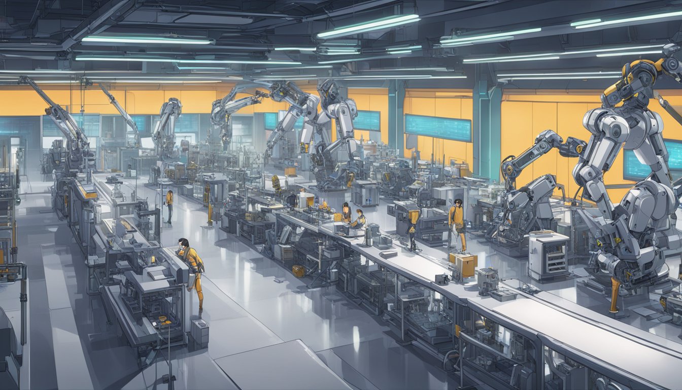 A futuristic factory floor with robotic arms assembling advanced sex dolls. High-tech equipment and cutting-edge technology in a sleek, modern environment