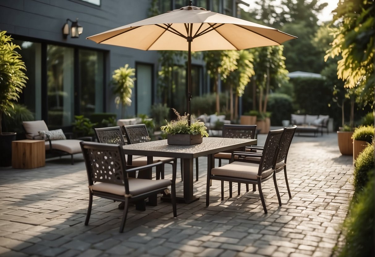 A patio with intricate paver patterns, surrounded by lush greenery and accented with stylish outdoor furniture