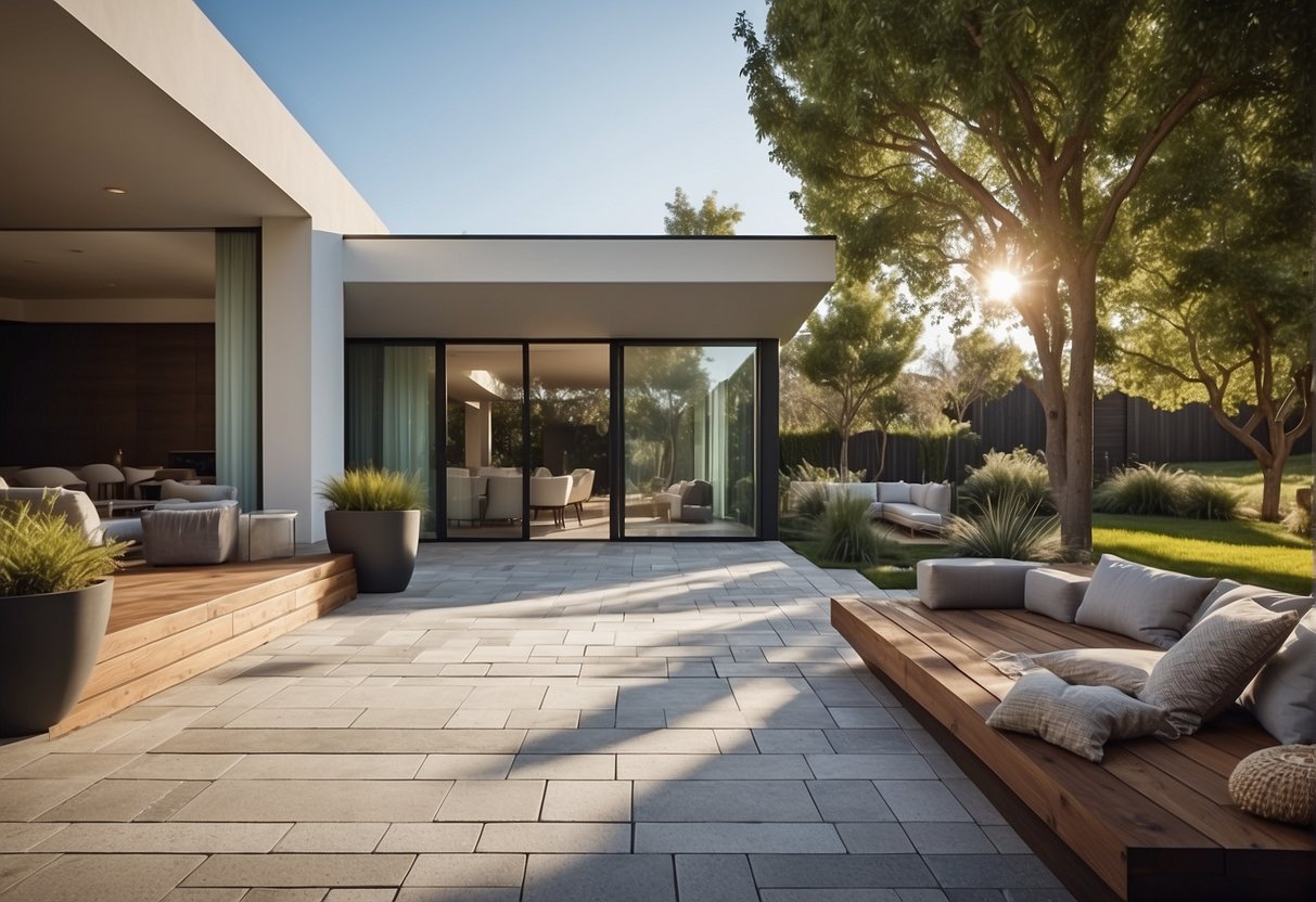 A modern house with a seamless transition from indoor to outdoor spaces, featuring a variety of paver patterns that complement the architectural style