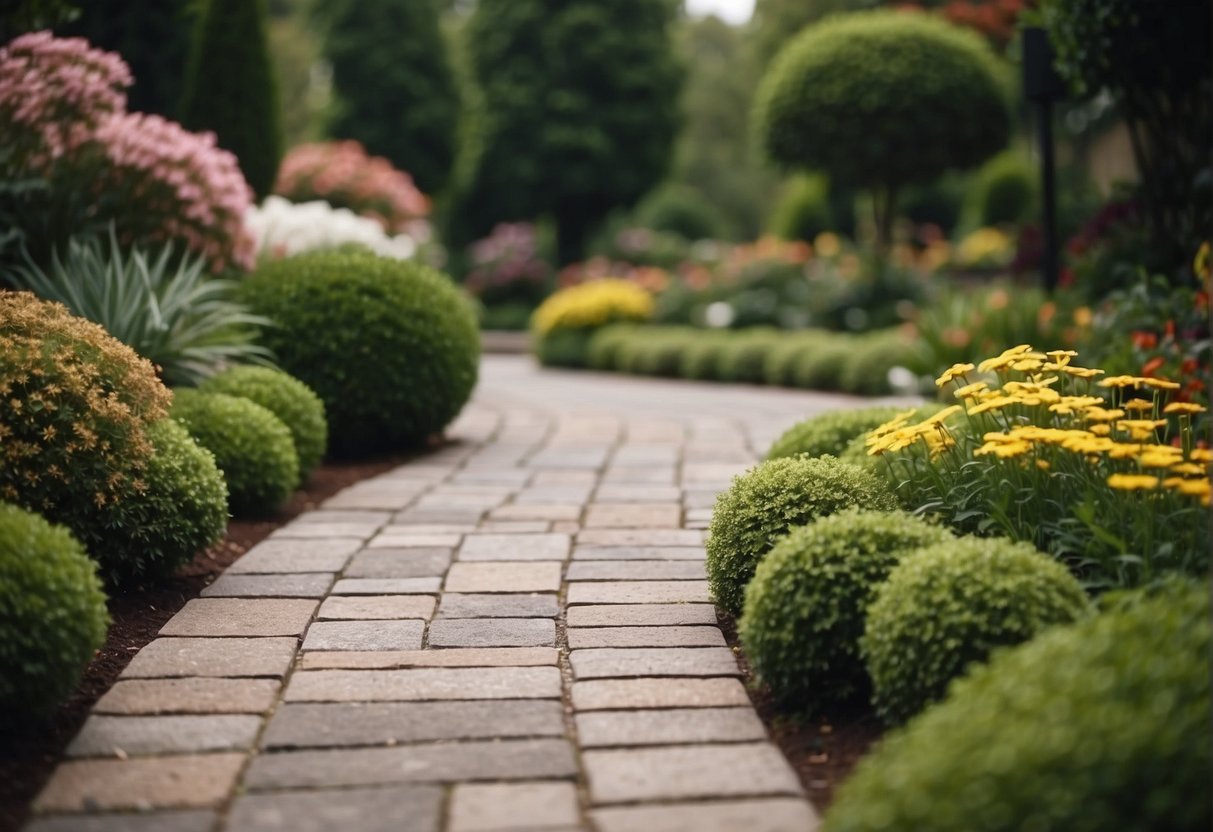 A pathway with a mix of paver materials arranged in a visually interesting pattern, surrounded by landscaped greenery and flowers
