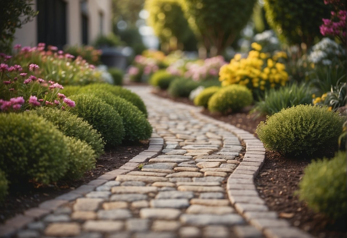 A garden pathway winds through a mix of pavers in various shapes, sizes, and colors, creating visual interest and texture in the landscape