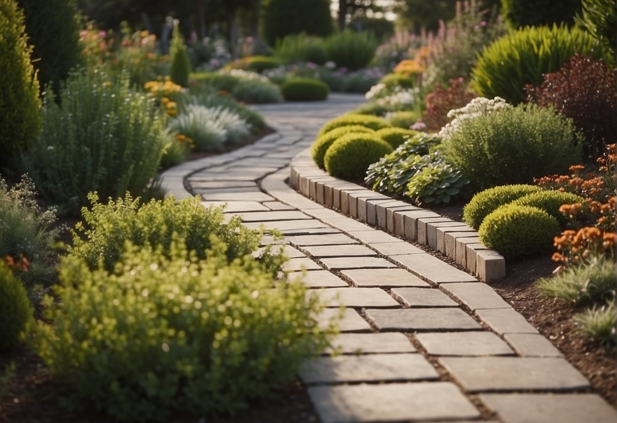 A pathway winds through a garden, featuring a variety of paver materials in different shapes and colors. The hardscaping creates visual interest, with structural elements like walls and steps adding depth to the landscape