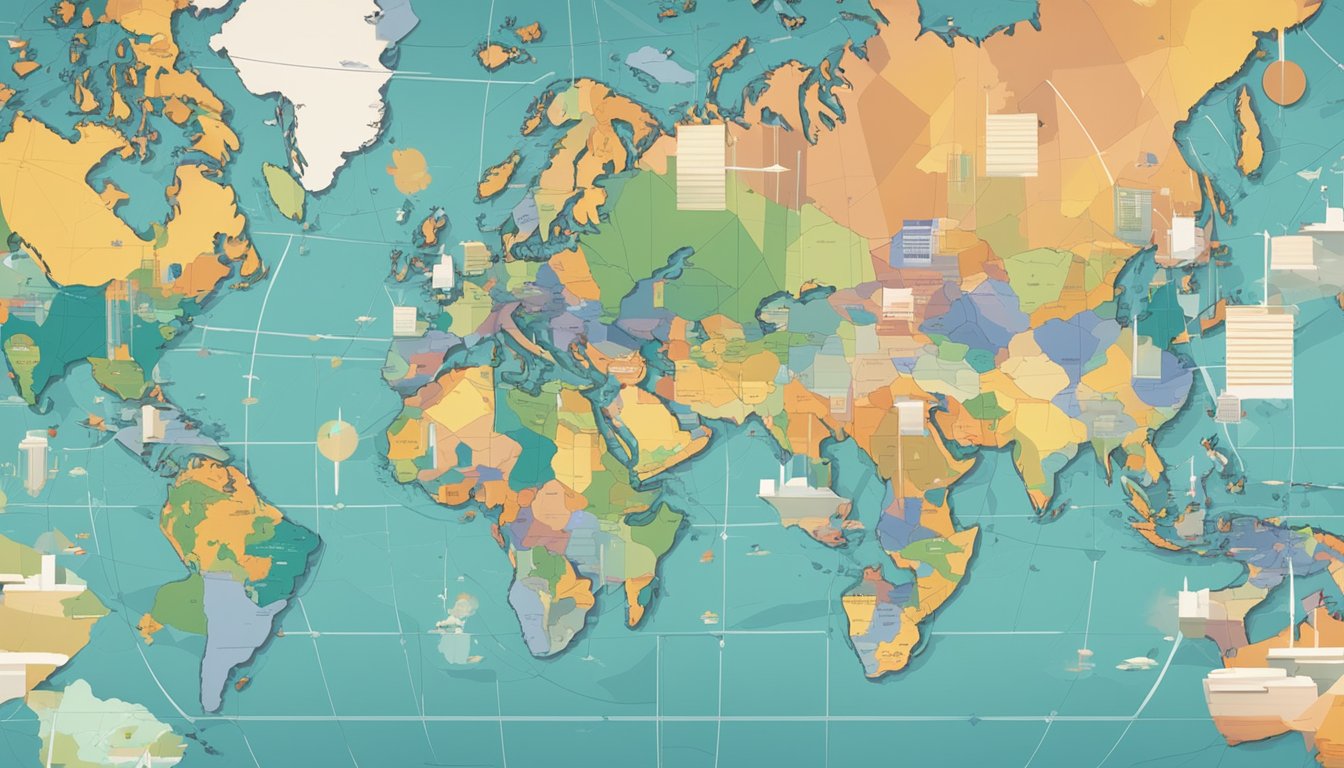 A world map surrounded by economic data charts and graphs, with arrows pointing to different countries, symbolizing the impact of global events on the international economy