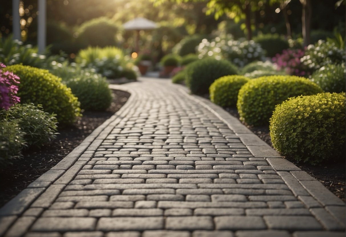 A paved pathway winds through a garden, showcasing a mix of paver materials. The scene highlights durability, low maintenance, and cost-effective landscaping design