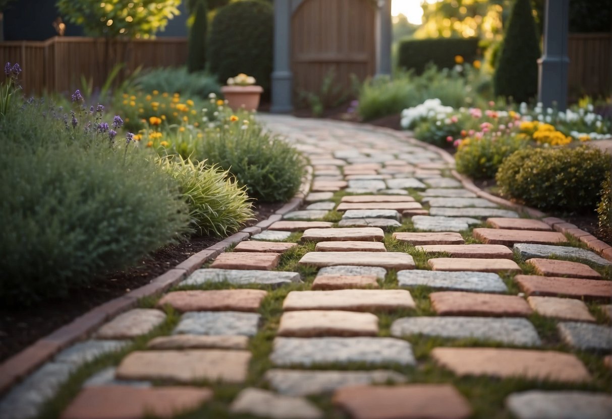 A paved pathway winds through a garden, featuring a mix of materials like brick, stone, and concrete pavers. The varied textures and colors create visual interest and enhance the overall property value and aesthetics